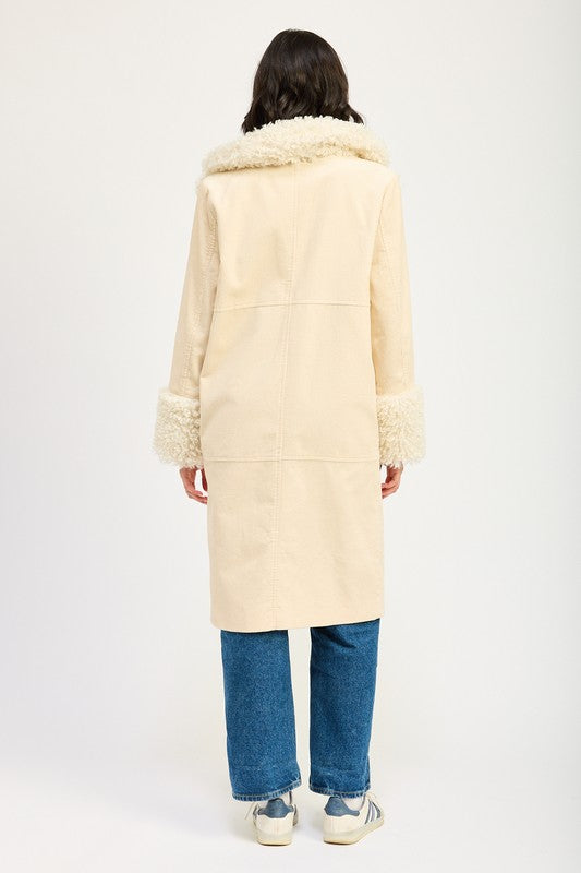 Marley Faux Shearling Collar & Cuff Double Breasted Midi Coat