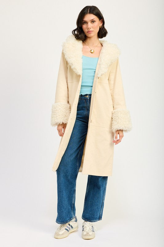 Marley Faux Shearling Collar & Cuff Double Breasted Midi Coat