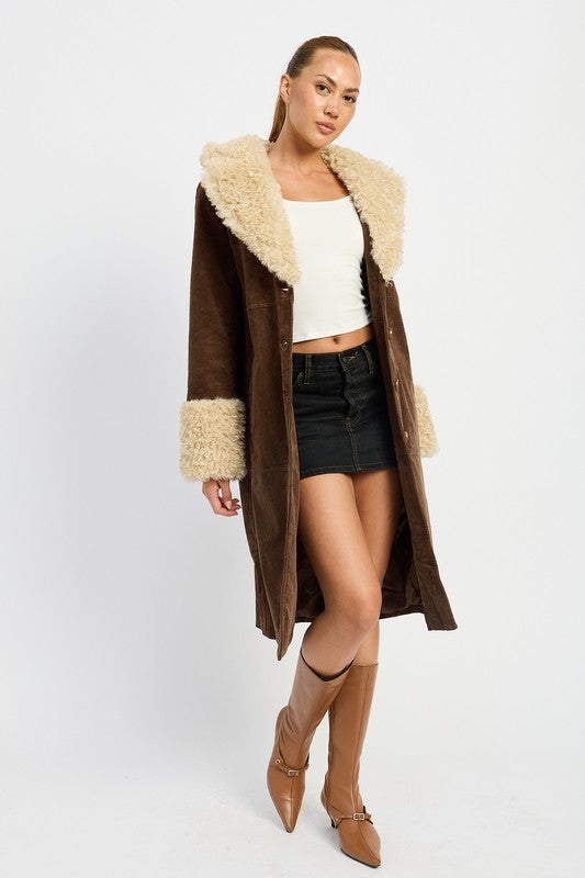 Marley Faux Shearling Collar & Cuff Double Breasted Midi Coat