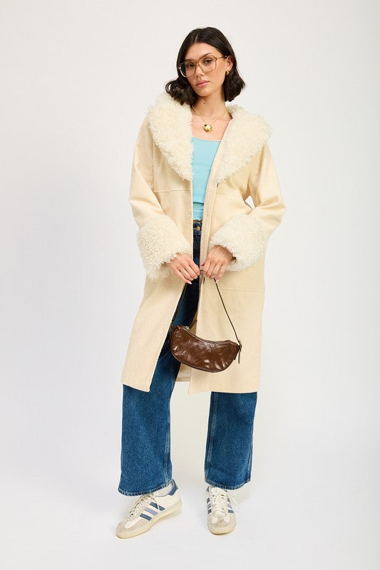 Marley Faux Shearling Collar & Cuff Double Breasted Midi Coat