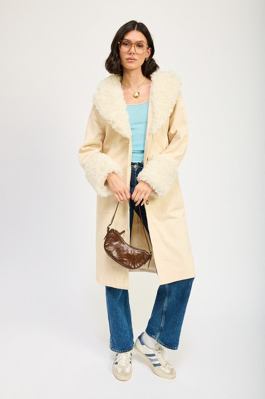 Marley Faux Shearling Collar & Cuff Double Breasted Midi Coat