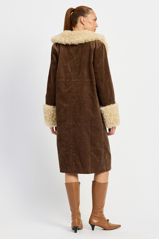 Marley Faux Shearling Collar & Cuff Double Breasted Midi Coat