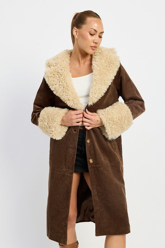 Marley Faux Shearling Collar & Cuff Double Breasted Midi Coat