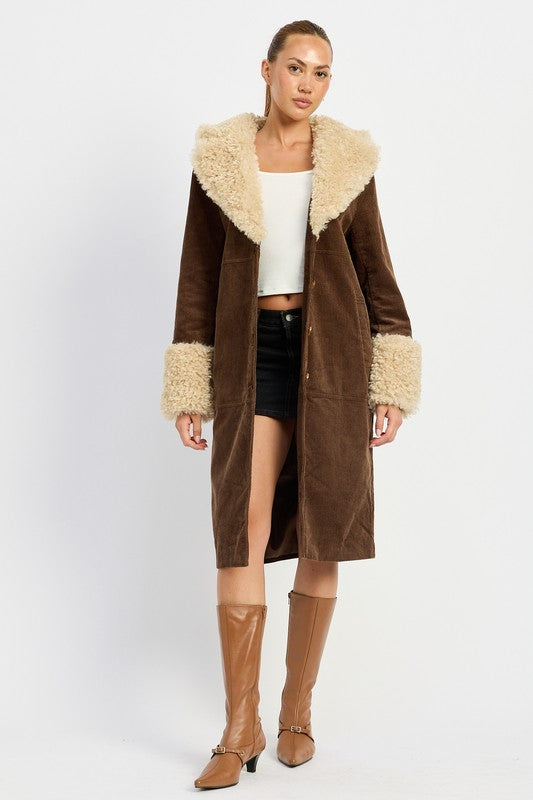 Marley Faux Shearling Collar & Cuff Double Breasted Midi Coat