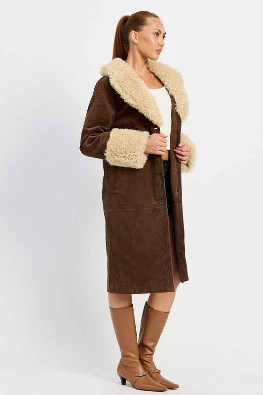 Marley Faux Shearling Collar & Cuff Double Breasted Midi Coat