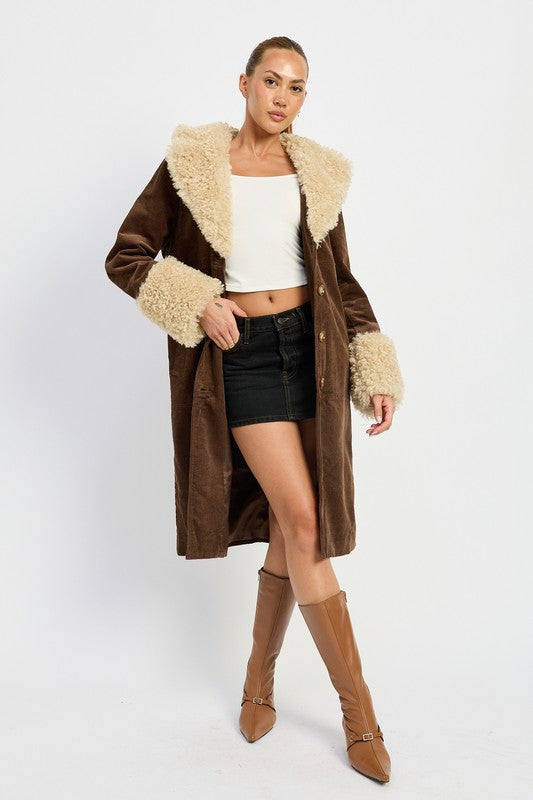 Marley Faux Shearling Collar & Cuff Double Breasted Midi Coat