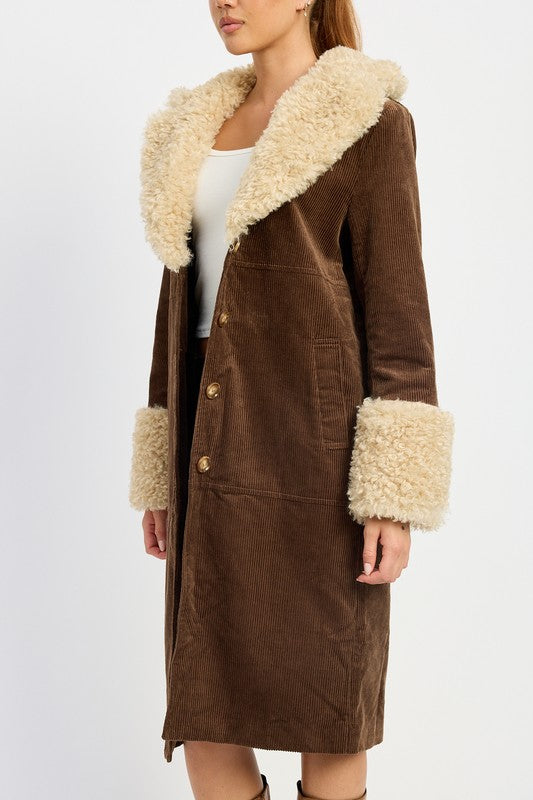 Marley Faux Shearling Collar & Cuff Double Breasted Midi Coat