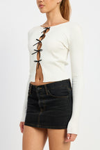 Dianna Mini Bow Rib Knit Long Sleeve Peekaboo Top