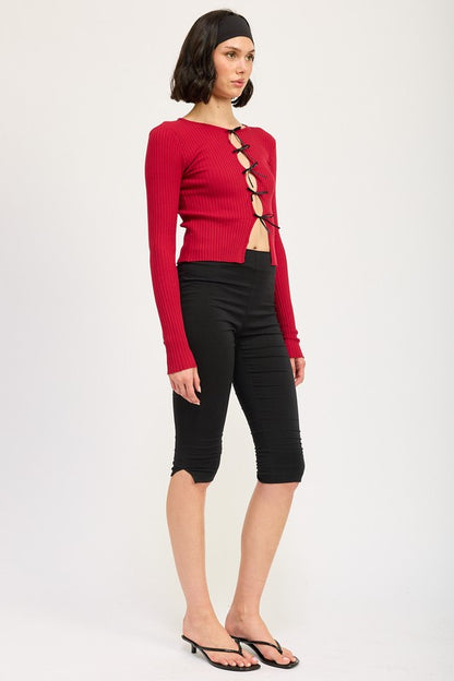 Dianna Mini Bow Rib Knit Long Sleeve Peekaboo Top
