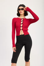 Dianna Mini Bow Rib Knit Long Sleeve Peekaboo Top