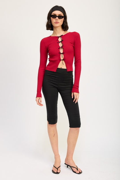 Dianna Mini Bow Rib Knit Long Sleeve Peekaboo Top