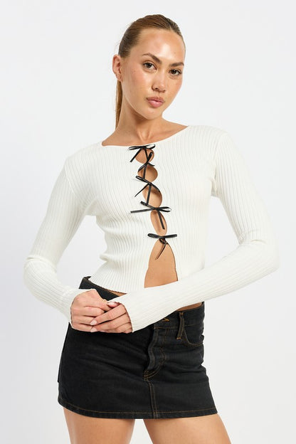 Dianna Mini Bow Rib Knit Long Sleeve Peekaboo Top