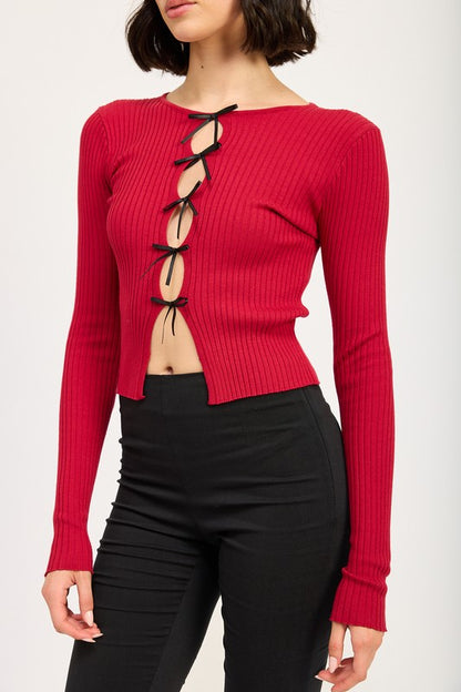 Dianna Mini Bow Rib Knit Long Sleeve Peekaboo Top