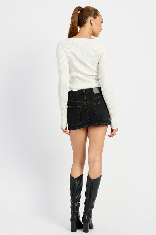Dianna Mini Bow Rib Knit Long Sleeve Peekaboo Top