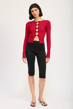 Dianna Mini Bow Rib Knit Long Sleeve Peekaboo Top