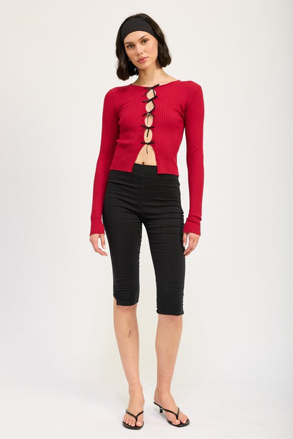 Dianna Mini Bow Rib Knit Long Sleeve Peekaboo Top