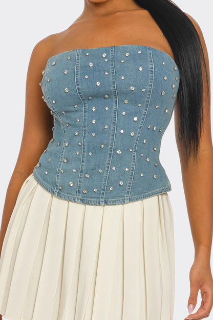 Maeva Rhinestone Embellished Strapless Denim Corset Top