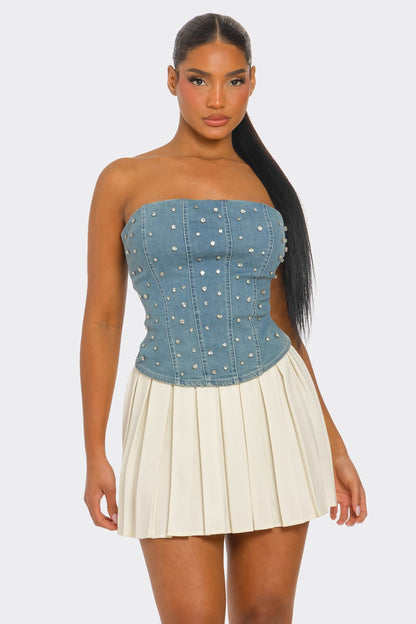 Maeva Rhinestone Embellished Strapless Denim Corset Top