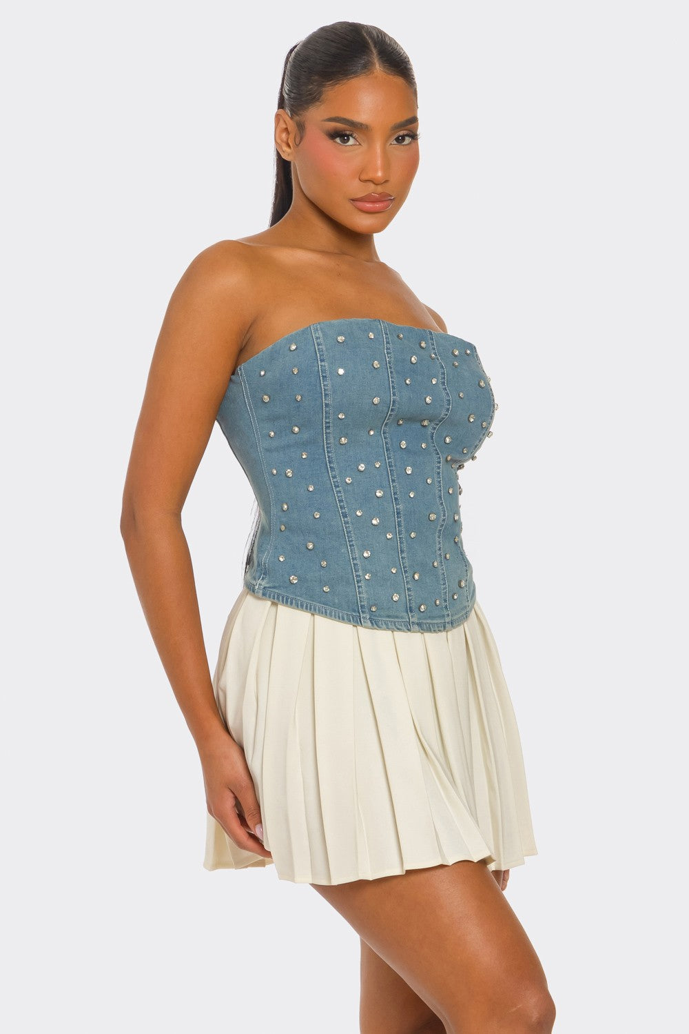 Maeva Rhinestone Embellished Strapless Denim Corset Top