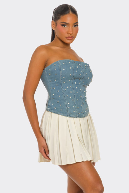 Maeva Rhinestone Embellished Strapless Denim Corset Top
