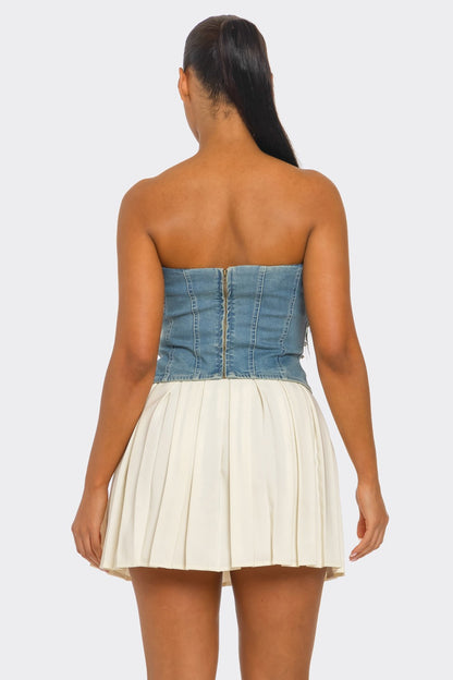 Maeva Rhinestone Embellished Strapless Denim Corset Top