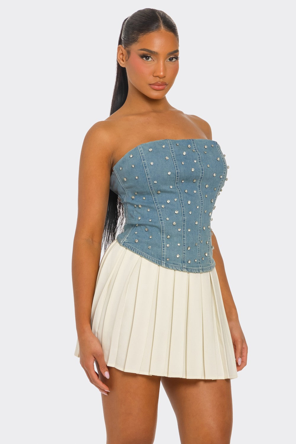 Maeva Rhinestone Embellished Strapless Denim Corset Top