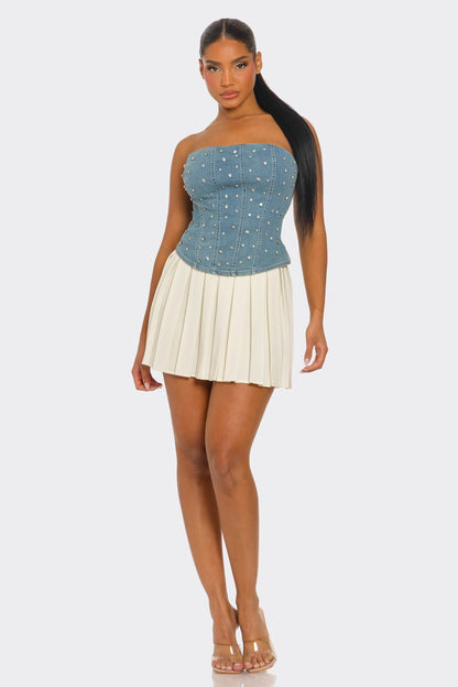 Maeva Rhinestone Embellished Strapless Denim Corset Top