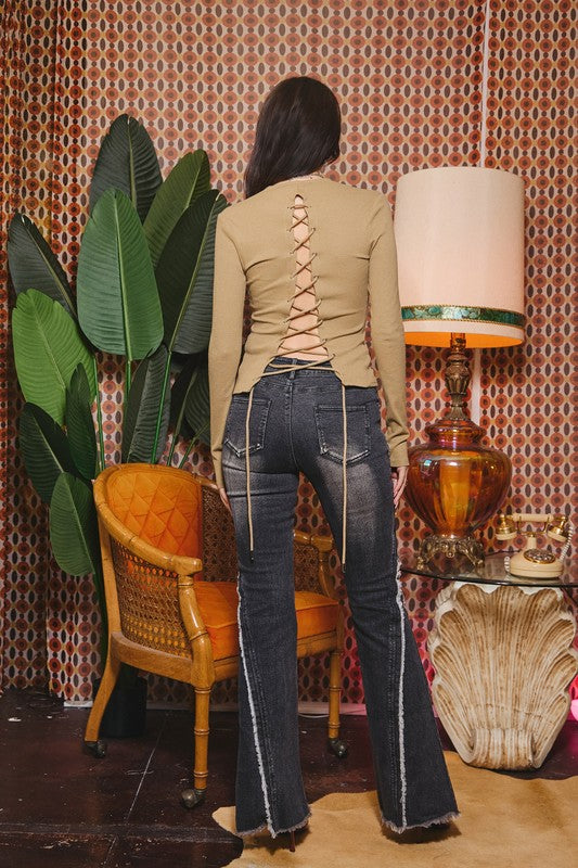 Wendy Rib Knit Lace Up Backless Long Sleeve Top