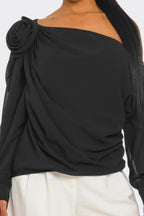 Draya Chiffon Knit Rosette Detail Asymmetric One Shoulder Top