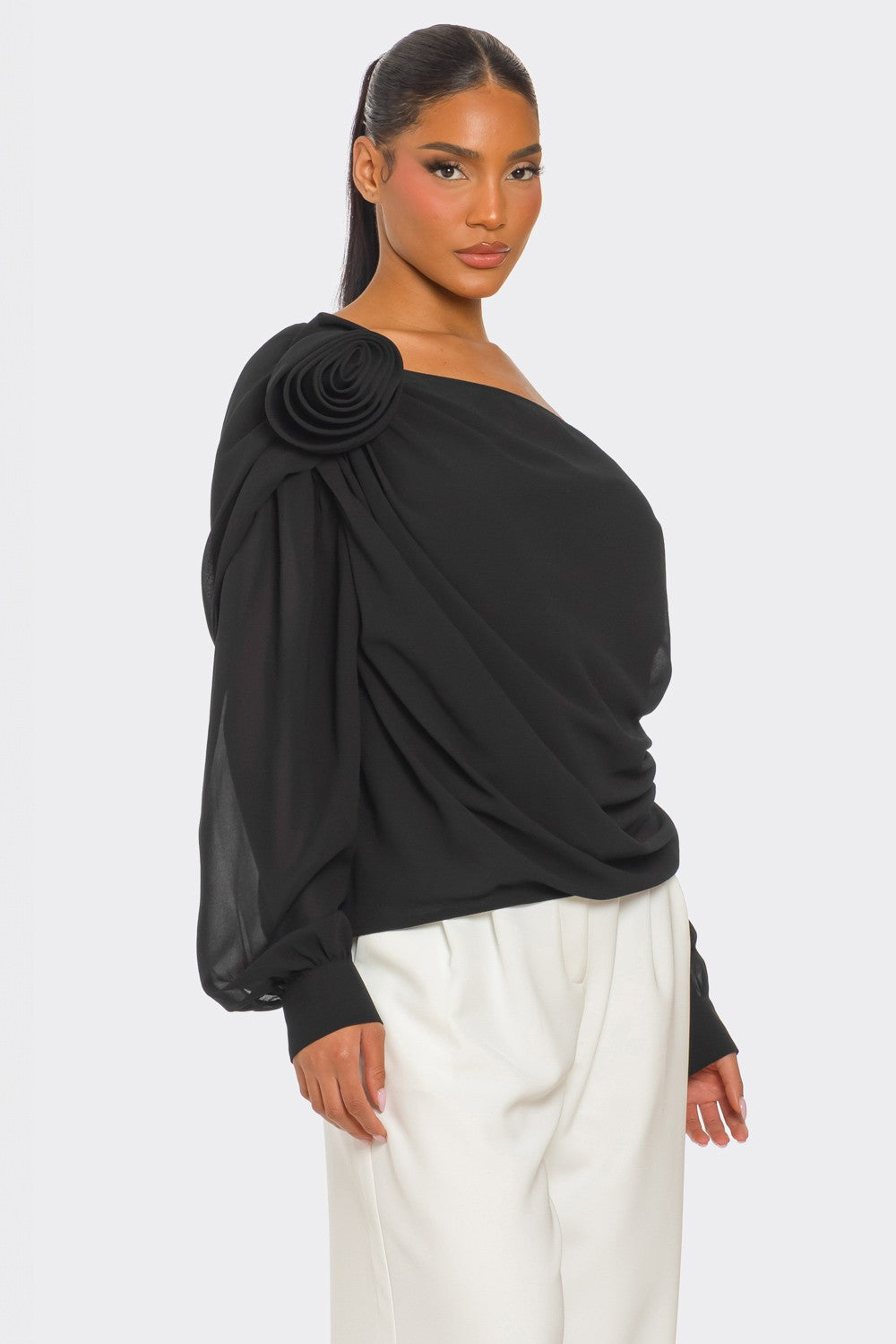 Draya Chiffon Knit Rosette Detail Asymmetric One Shoulder Top