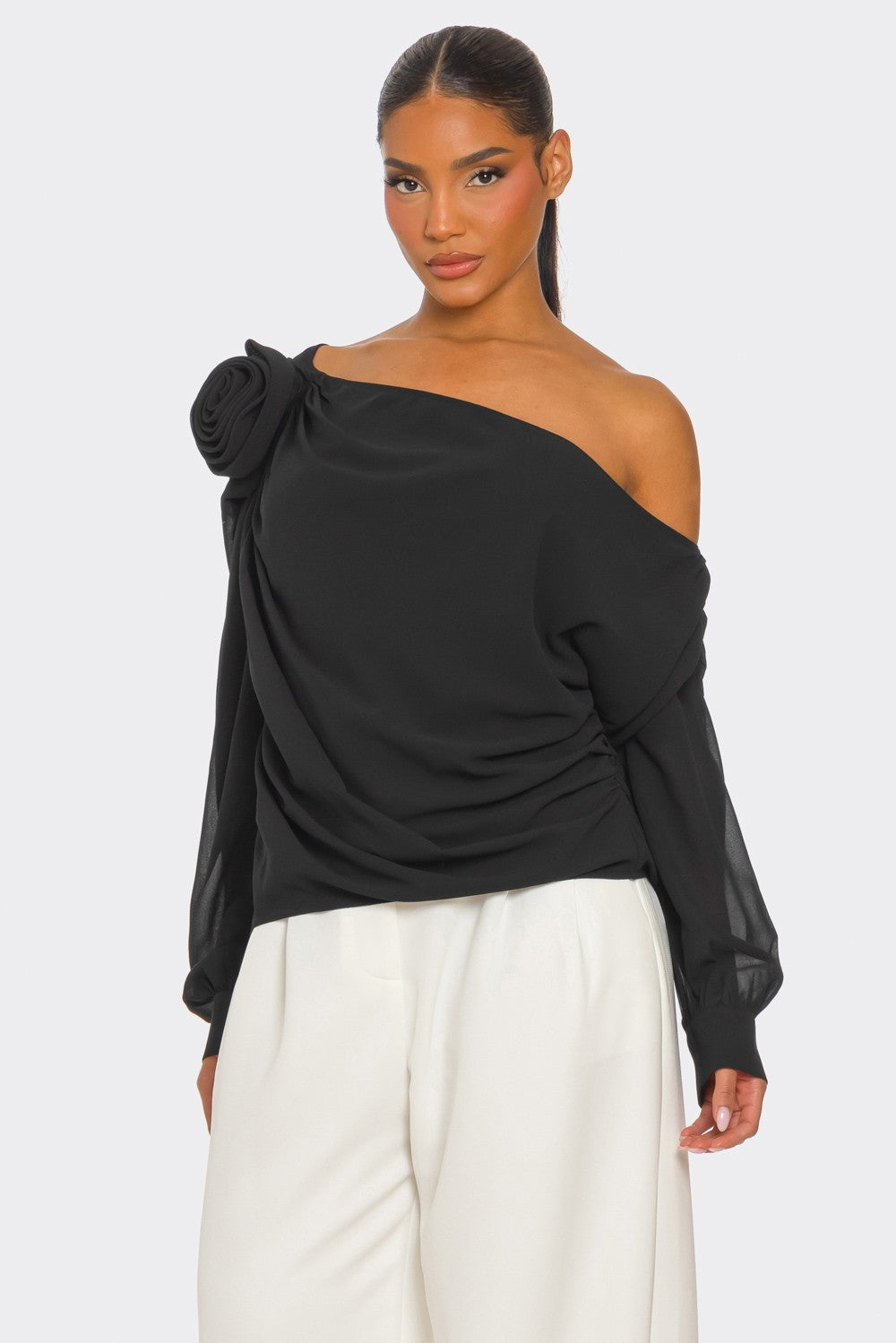 Draya Chiffon Knit Rosette Detail Asymmetric One Shoulder Top