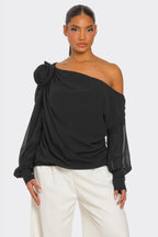 Draya Chiffon Knit Rosette Detail Asymmetric One Shoulder Top