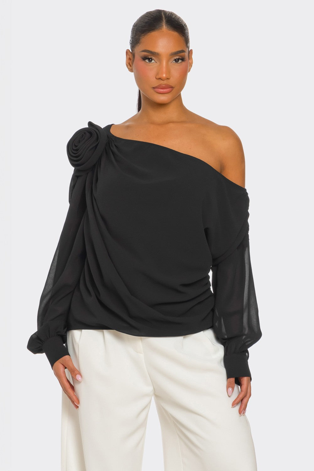 Draya Chiffon Knit Rosette Detail Asymmetric One Shoulder Top