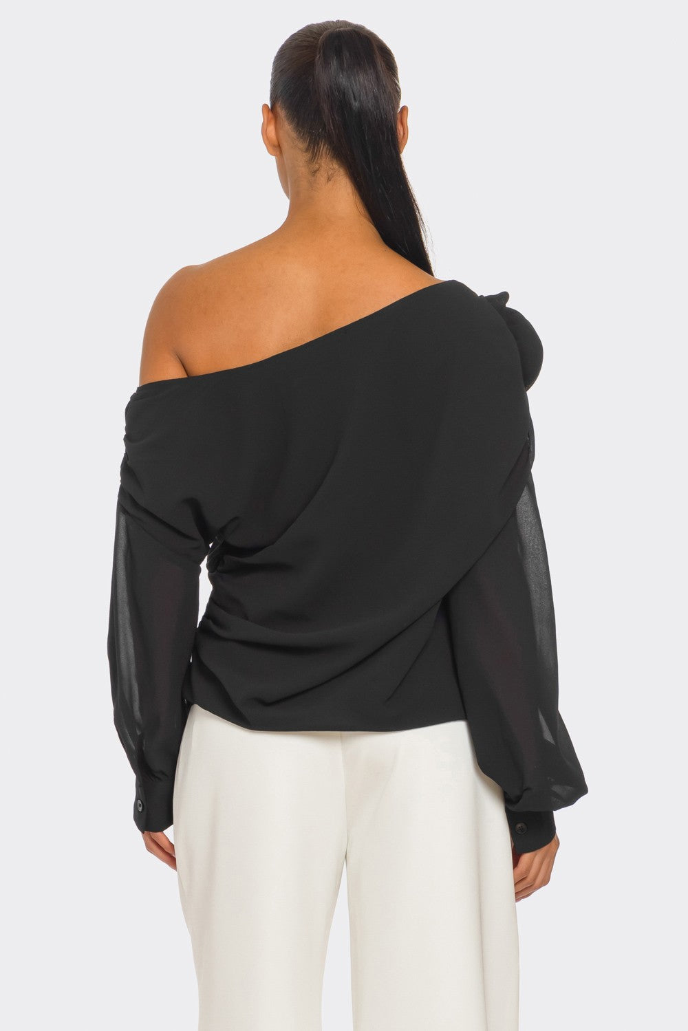 Draya Chiffon Knit Rosette Detail Asymmetric One Shoulder Top