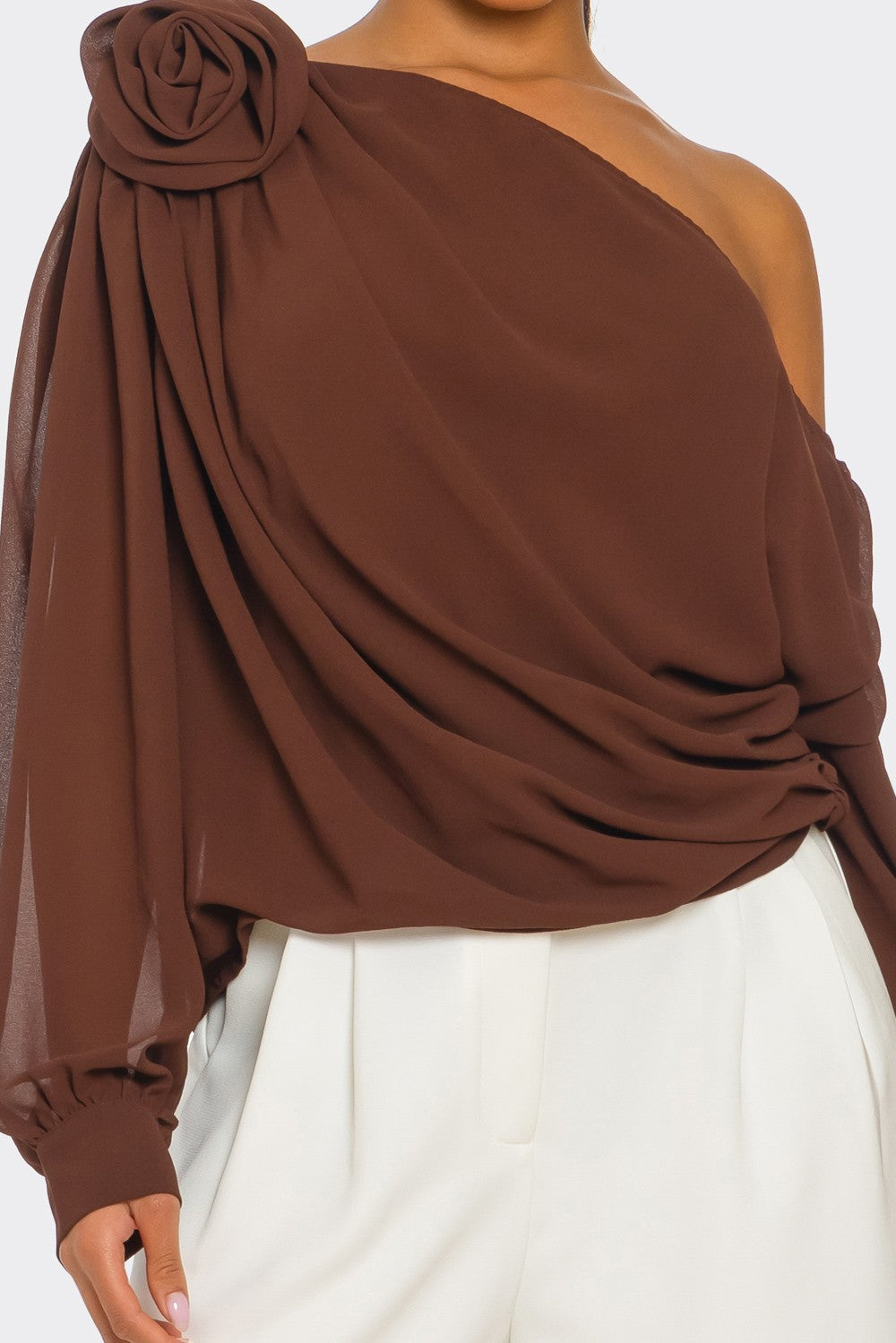 Draya Chiffon Knit Rosette Detail Asymmetric One Shoulder Top