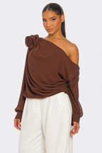 Draya Chiffon Knit Rosette Detail Asymmetric One Shoulder Top