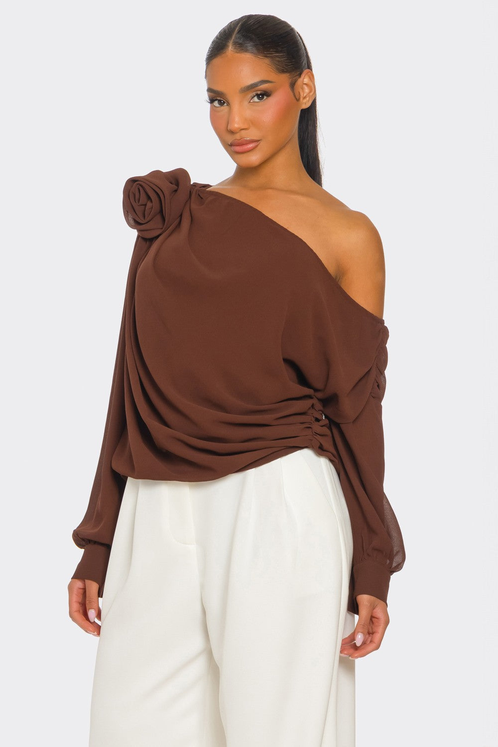 Draya Chiffon Knit Rosette Detail Asymmetric One Shoulder Top
