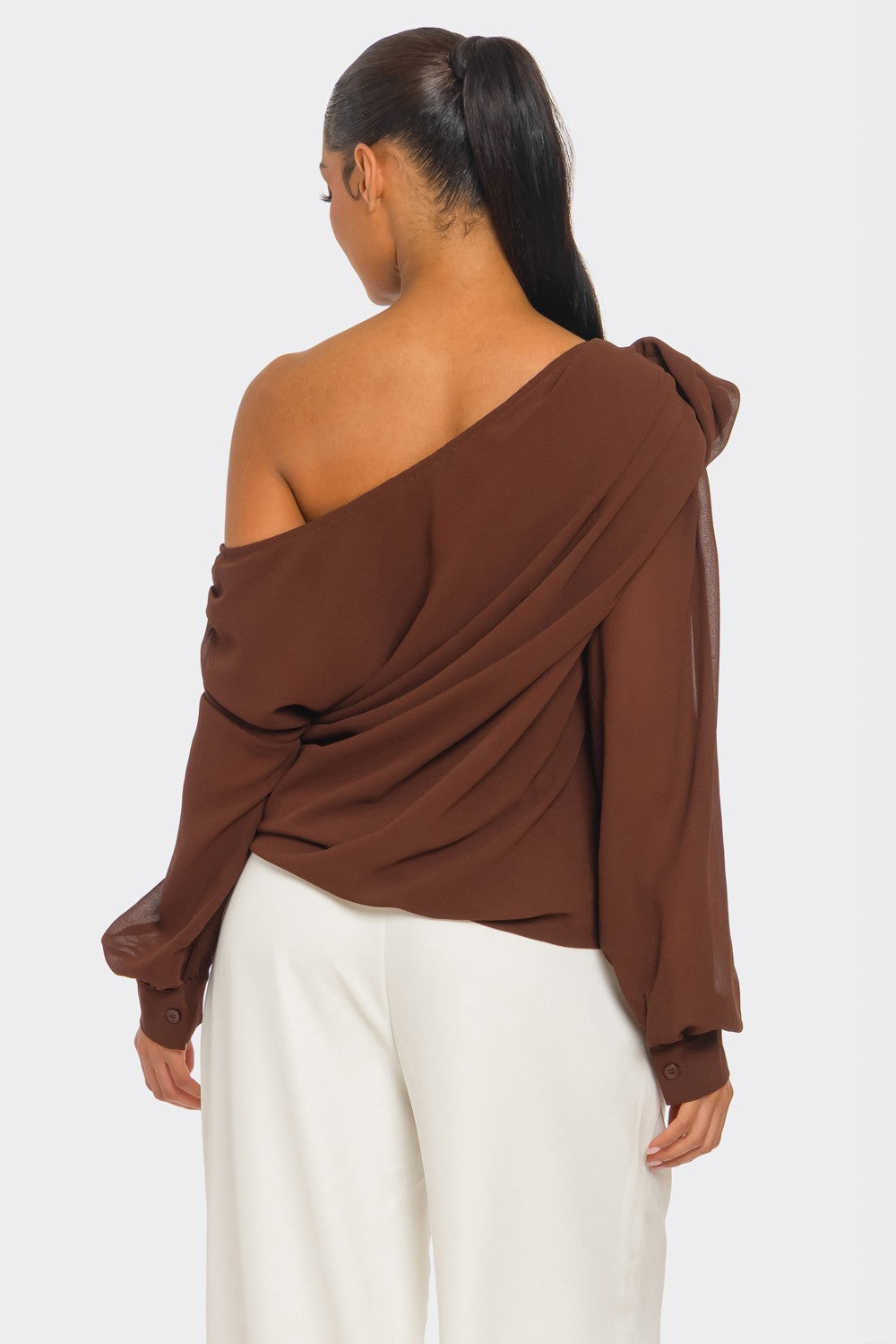 Draya Chiffon Knit Rosette Detail Asymmetric One Shoulder Top