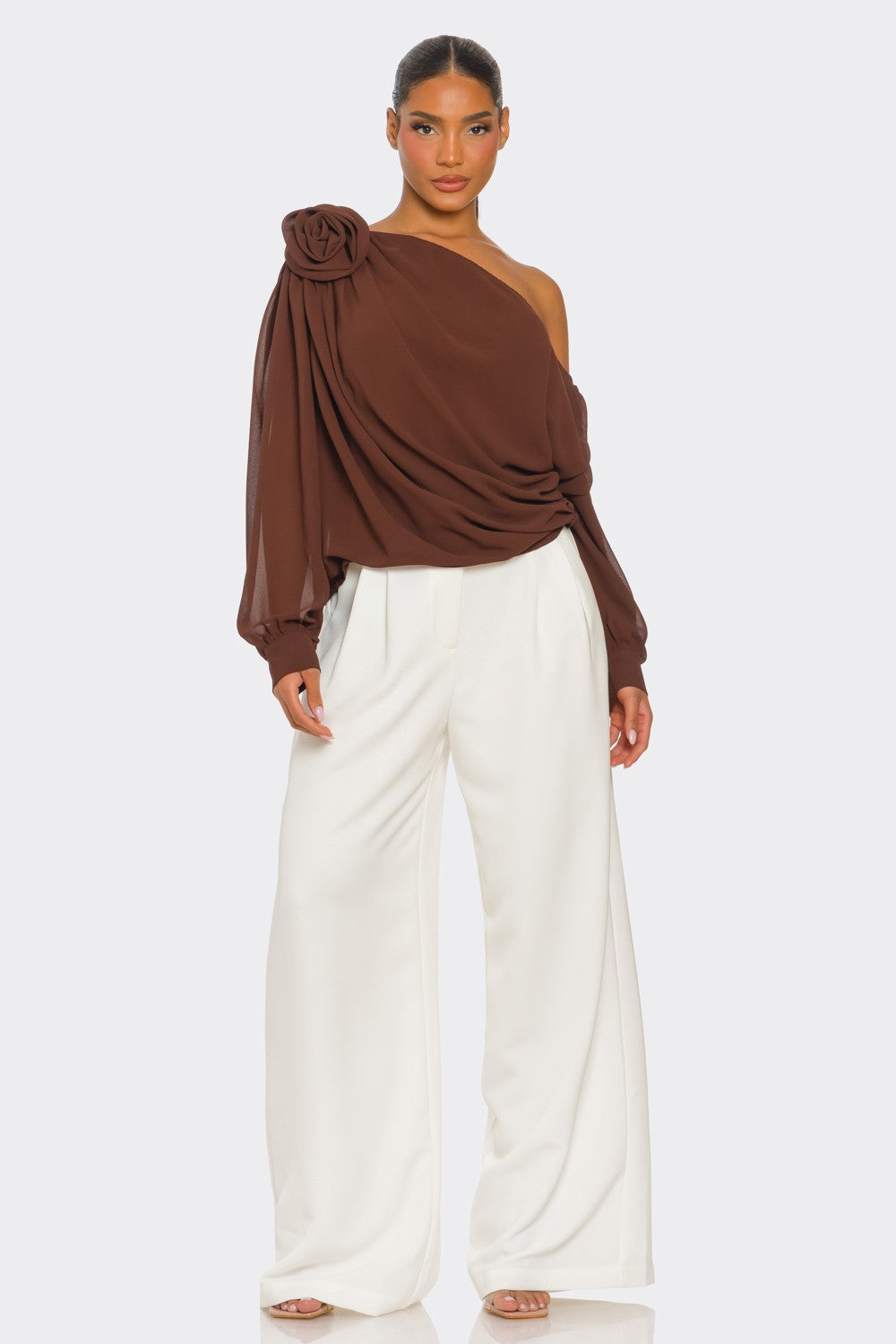 Draya Chiffon Knit Rosette Detail Asymmetric One Shoulder Top