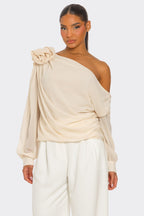 Draya Chiffon Knit Rosette Detail Asymmetric One Shoulder Top