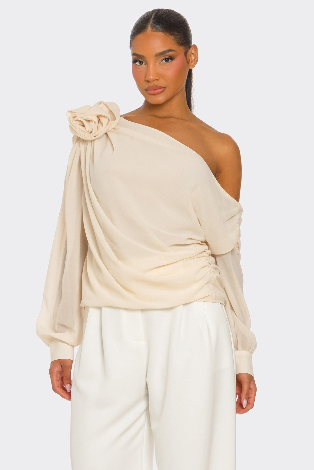 Draya Chiffon Knit Rosette Detail Asymmetric One Shoulder Top