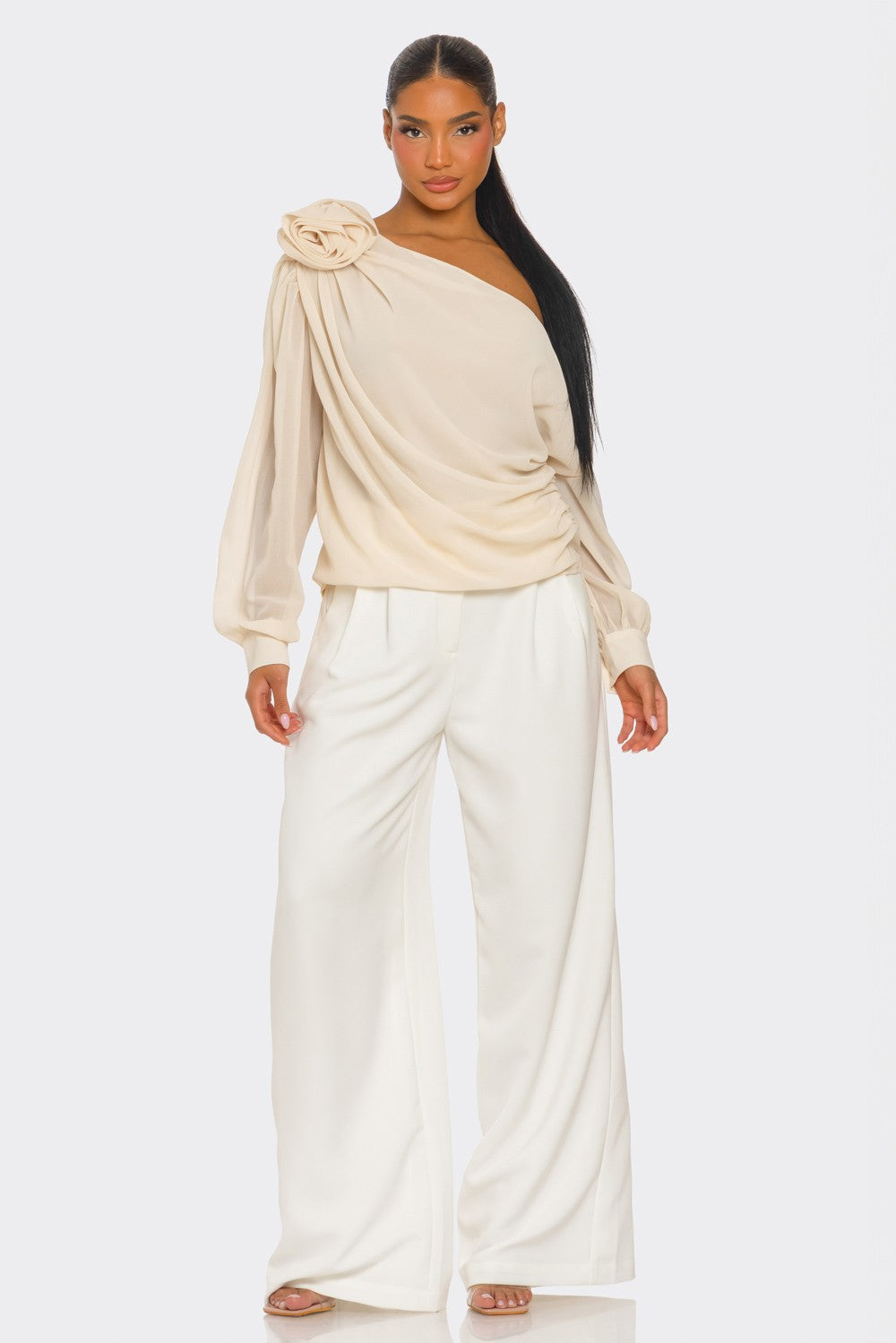 Draya Chiffon Knit Rosette Detail Asymmetric One Shoulder Top