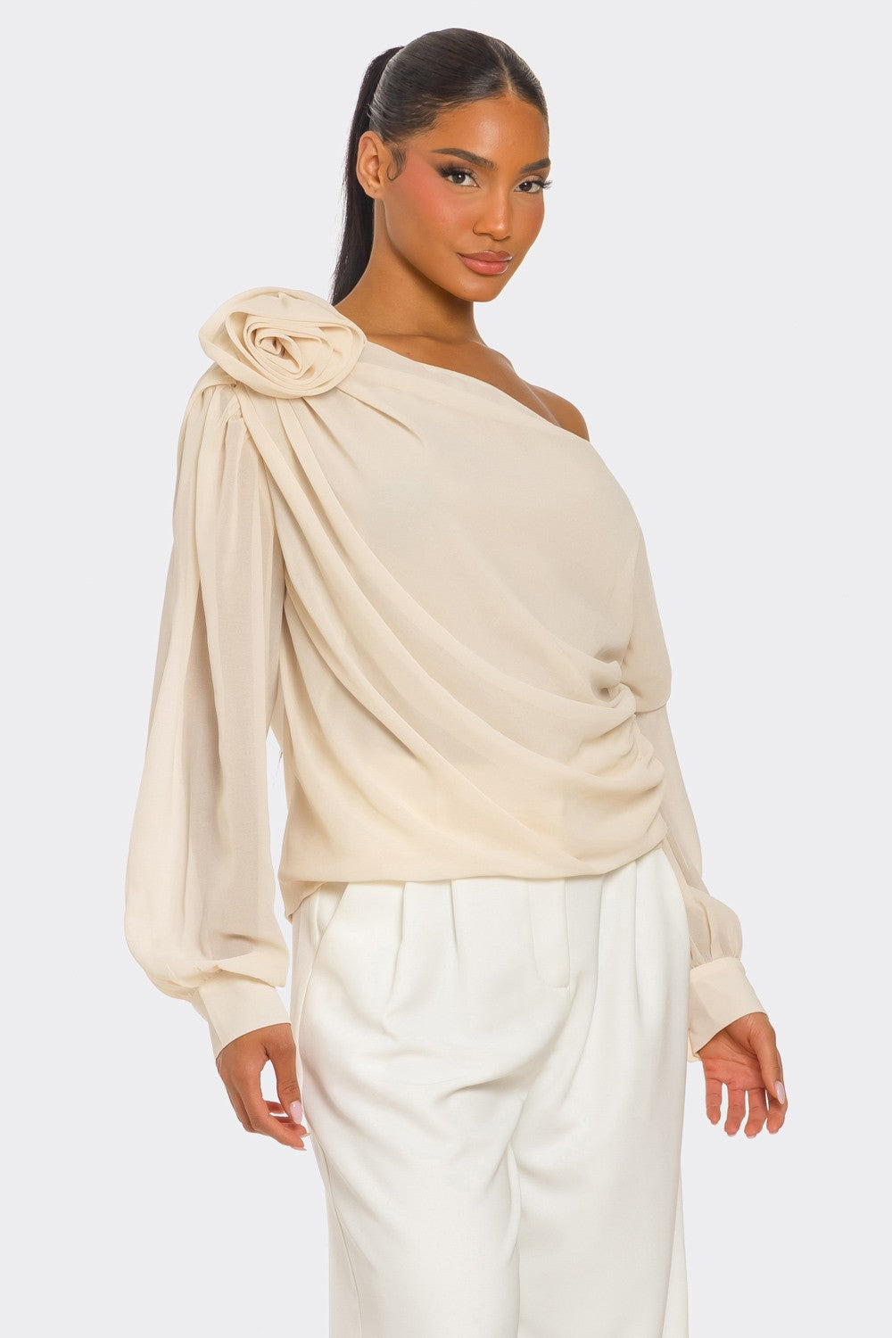 Draya Chiffon Knit Rosette Detail Asymmetric One Shoulder Top