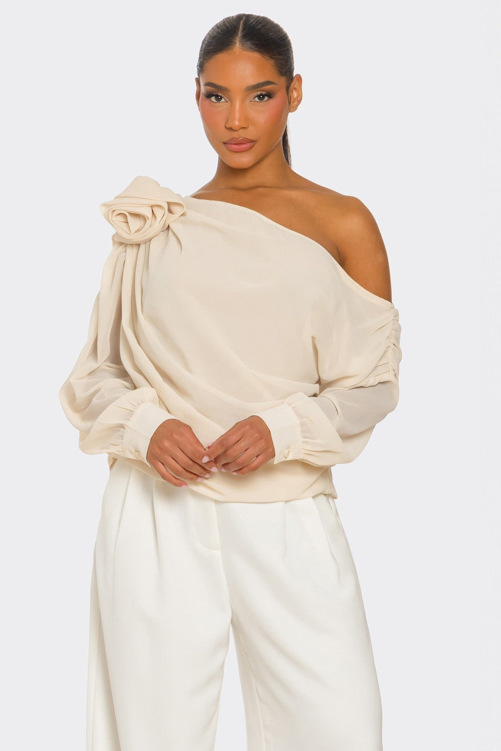 Draya Chiffon Knit Rosette Detail Asymmetric One Shoulder Top
