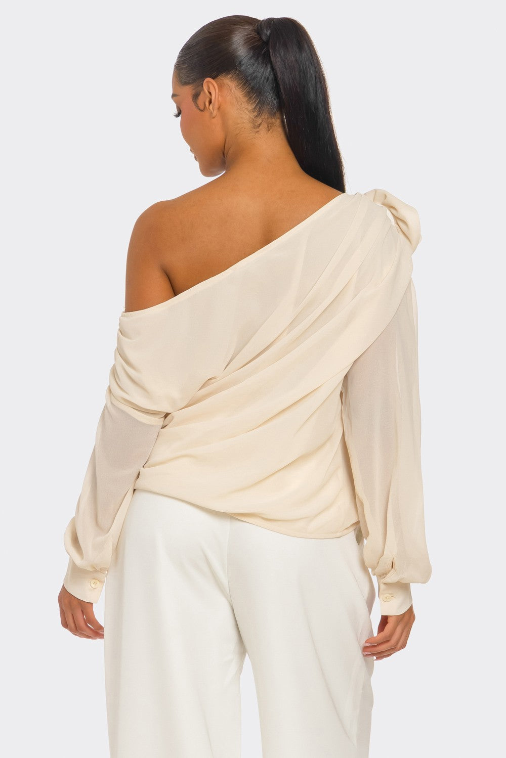Draya Chiffon Knit Rosette Detail Asymmetric One Shoulder Top