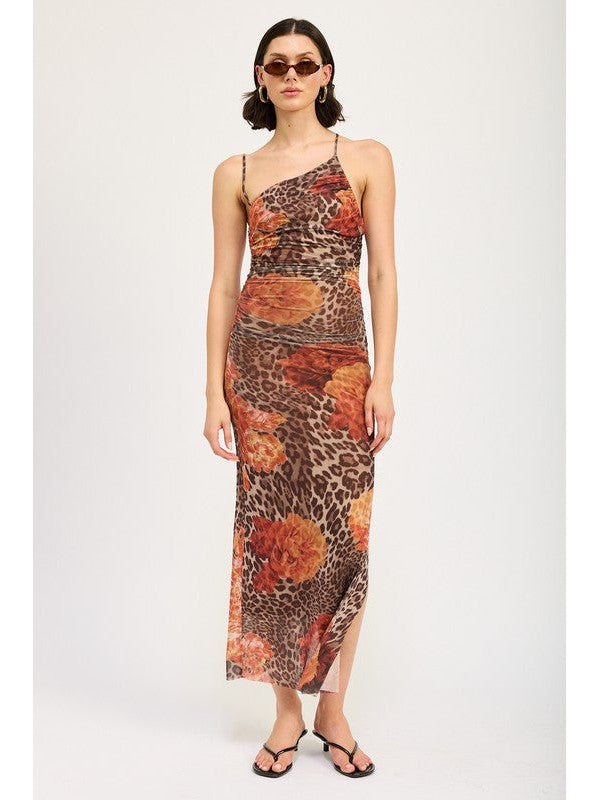 Tyra One Shoulder Leopard Print Mesh Maxi Dress