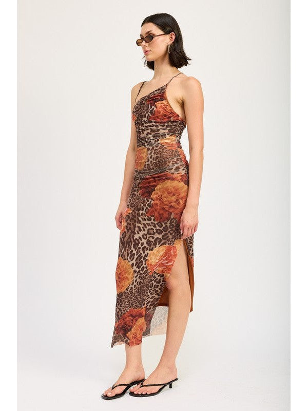 Tyra One Shoulder Leopard Print Mesh Maxi Dress