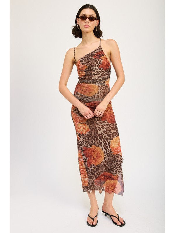 Tyra One Shoulder Leopard Print Mesh Maxi Dress