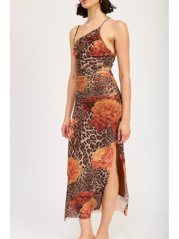Tyra One Shoulder Leopard Print Mesh Maxi Dress