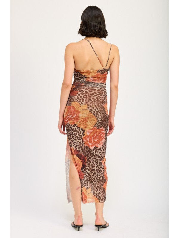 Tyra One Shoulder Leopard Print Mesh Maxi Dress